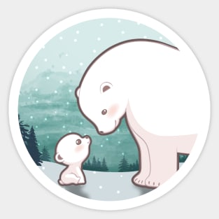 Cute cub polar bear and mum character design with snowflake background. Vector illustration Sticker